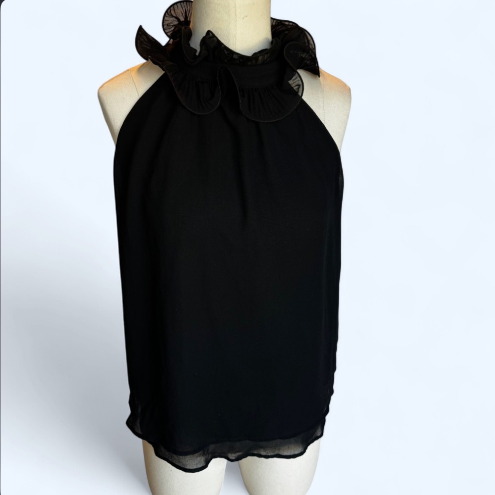 Zara Black Ruffle Camisole cuts in at shoulder keyhole closure back layered